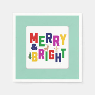 Merry and Bright Pine Tree Reindeer Snowman Napkin