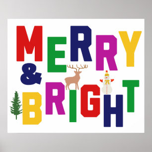 Merry and Bright Pine Tree Reindeer Snowman Poster