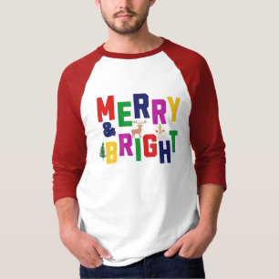Merry and Bright Pine Tree Reindeer Snowman T-Shirt