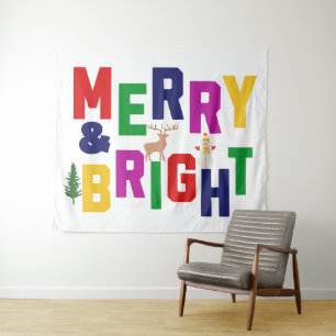 Merry and Bright Pine Tree Reindeer Snowman Tapestry
