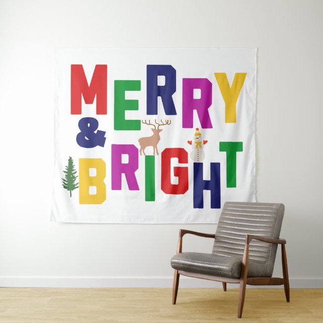 Merry and Bright Pine Tree Reindeer Snowman  Tapestry (In Situ (Horizontal))