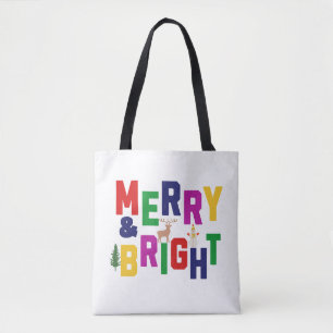 Merry and Bright Pine Tree Reindeer Snowman Tote Bag