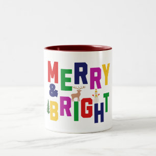 Merry and Bright Pine Tree Reindeer Snowman  Two-Tone Coffee Mug