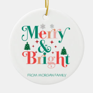 Merry And Bright Pine Tree Snowflakes Ceramic Ornament
