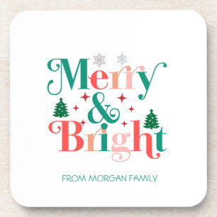 Merry And Bright Pine Tree Snowflakes Coaster