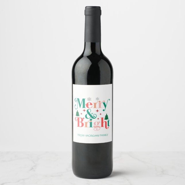 Merry And Bright Pine Tree Snowflakes Wine Label (Front)