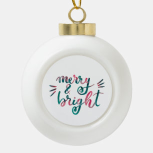 Merry and bright - pink and green ceramic ball christmas ornament