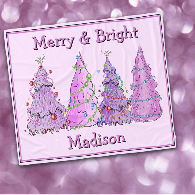 Merry And Bright Pink And Purple Christmas Trees Fleece Blanket (Creator Uploaded)