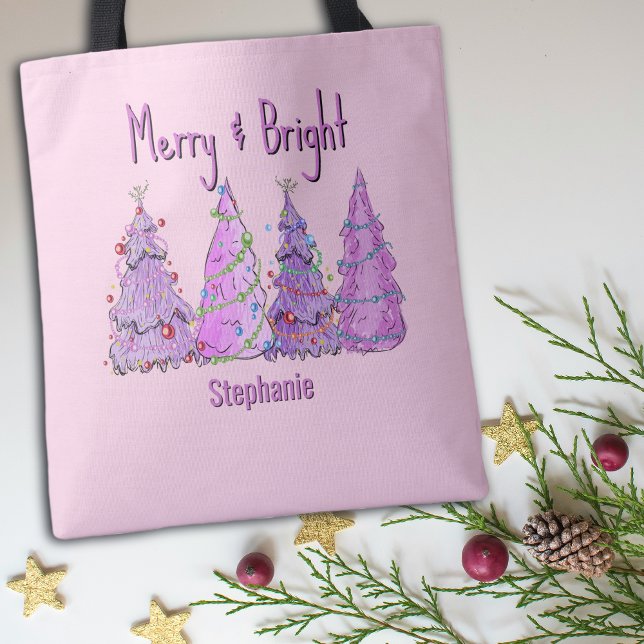 Merry And Bright Pink And Purple Christmas Trees Tote Bag (Creator Uploaded)