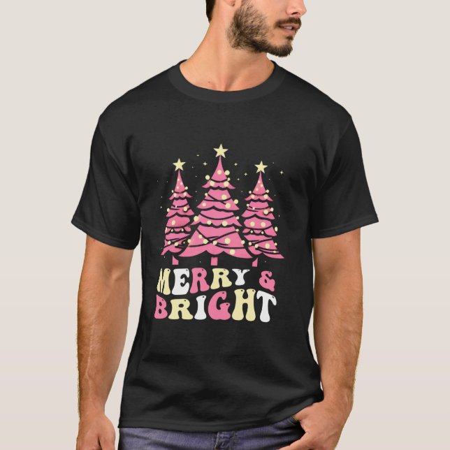 Merry And Bright Pink Christmas Tree Groovy Xmas H T-Shirt (Front)