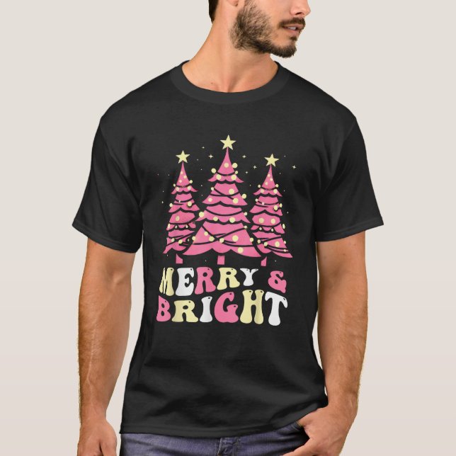 Merry And Bright Pink Christmas Tree Groovy Xmas H T-Shirt (Front)