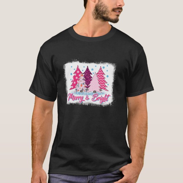 Merry and Bright Pink Christmas Tree Pink Christma T-Shirt (Front)