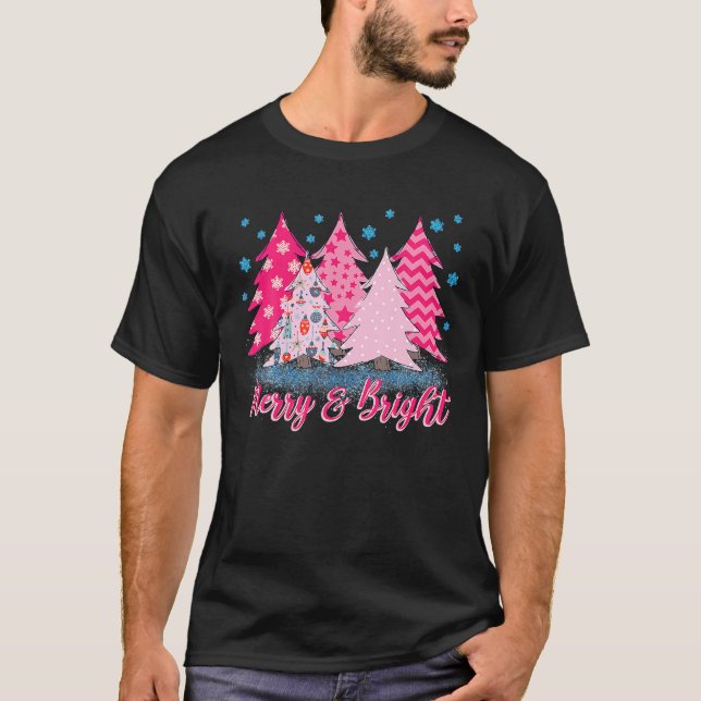 Merry And Bright Pink Christmas Tree Pink T-Shirt (Front)