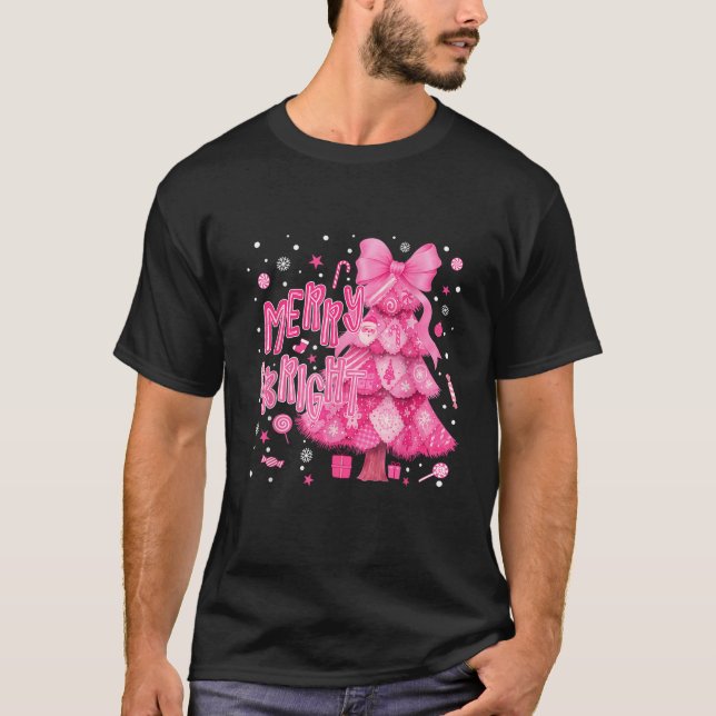 Merry and Bright Pink Christmas Tree Xmas Holiday  T-Shirt (Front)