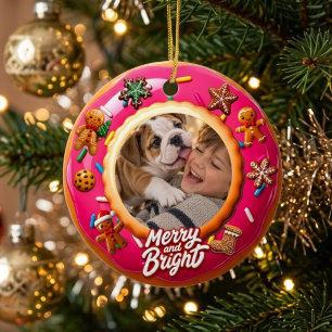 Merry and Bright Pink Doughnut Gingerbread Photo Ceramic Ornament