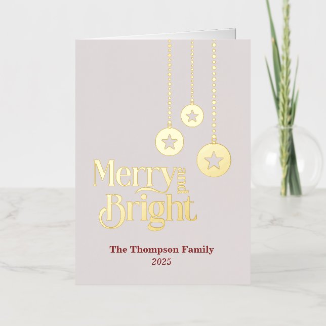 "Merry and Bright" Pink Folded Foil Holiday Card (Front)
