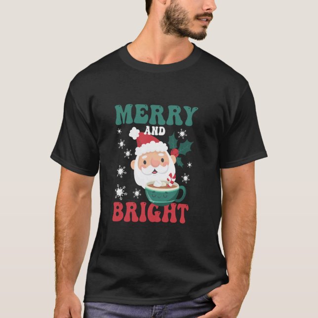 Merry And Bright Pink Funny Christmas Santa Claus  T-Shirt (Front)