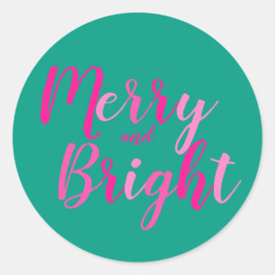 Merry and Bright Pink Green Christmas Classic Round Sticker
