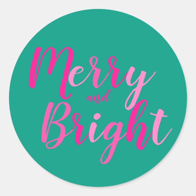 Merry and Bright Pink Green Christmas Classic Round Sticker (Front)