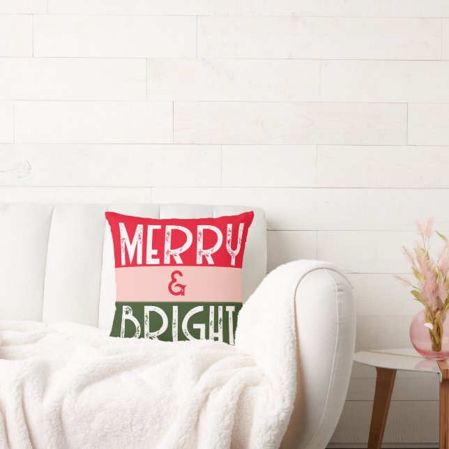 Merry And Bright Pink Green Retro Christmas Cushion (Couch)
