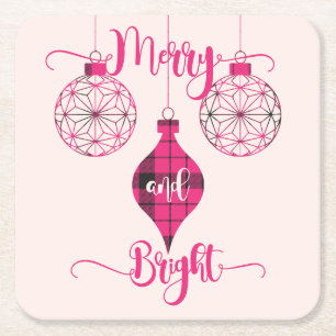 Merry and Bright Pink Plaid Ornament Square Paper Coaster
