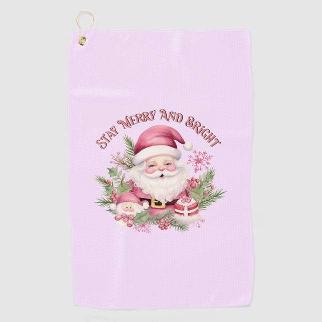 Merry and Bright - Pink Santa Golf Towel (Front)