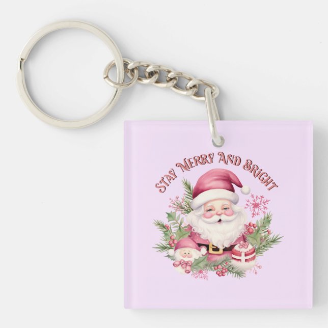Merry and Bright - Pink Santa Key Ring (Front)