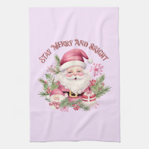 Merry and Bright - Pink Santa Tea Towel