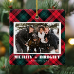 Merry and Bright Plaid Christmas Photo Ceramic Ornament<br><div class="desc">A trendy stylish holiday photo ornament with the praise "Merry and Bright ". You can customise this further by clicking on the "PERSONALIZE" button. A simple, minimalist, and contemporary Christmas design to stand out this holiday season! Placeholder image provided by Unsplash and is NOT for sale replace it with your...</div>