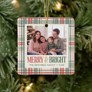 Merry and Bright Plaid Christmas Photo Ceramic Ornament