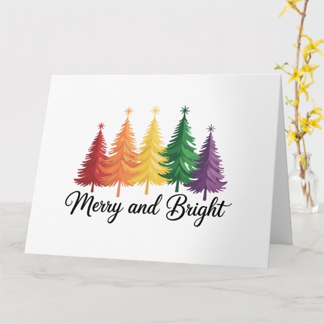 Merry And Bright Rainbow Christmas Tree Gay LGBTQ  Card (Yellow Flower)