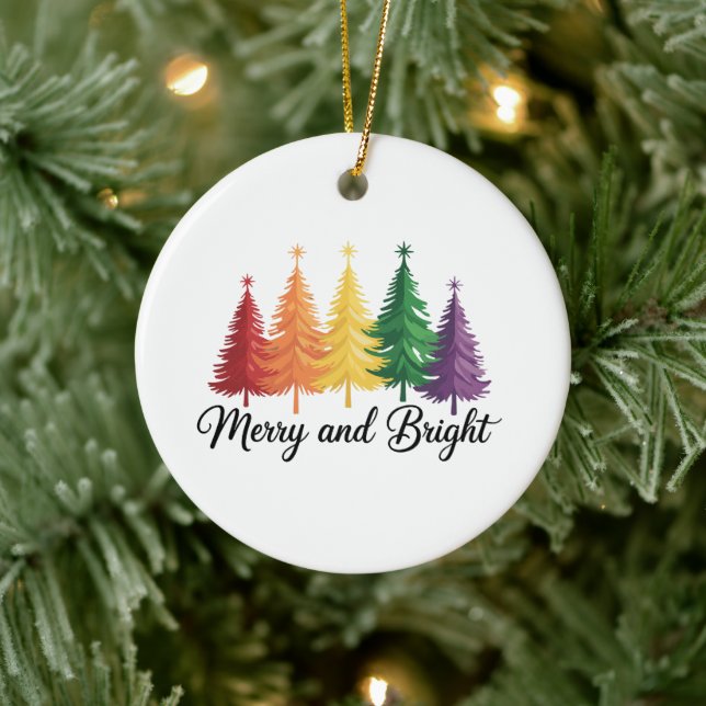 Merry And Bright Rainbow Christmas Tree Gay LGBTQ  Ceramic Ornament (Tree)