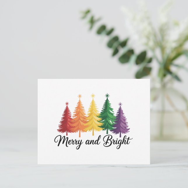 Merry And Bright Rainbow Christmas Tree Gay LGBTQ  Holiday Postcard (Standing Front)