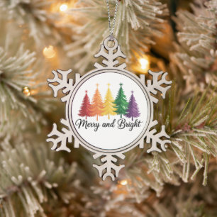 Merry And Bright Rainbow Christmas Tree Gay LGBTQ  Snowflake Pewter Christmas Ornament
