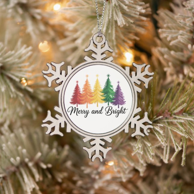 Merry And Bright Rainbow Christmas Tree Gay LGBTQ  Snowflake Pewter Christmas Ornament (Tree)