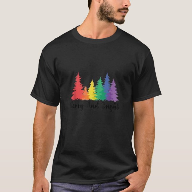 Merry And Bright Rainbow Christmas Tree Gay LGBTQ  T-Shirt (Front)