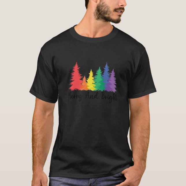 Merry And Bright Rainbow Christmas Tree Gay LGBTQ  T-Shirt (Front)