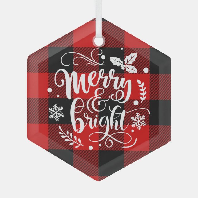 Merry and Bright Red and Black Buffalo Plaid Glass Tree Decoration (Front)