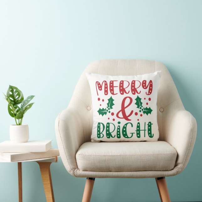Merry and Bright Red and Green Holly Christmas  Cushion (Chair)
