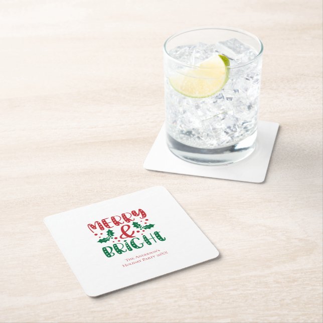 Merry and Bright Red and Green Holly Christmas Square Paper Coaster (Insitu)