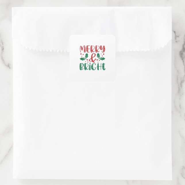 Merry and Bright Red and Green Holly Christmas Square Sticker (Bag)