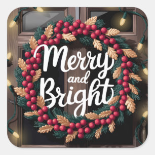Merry and Bright Red Berry Wreath Christmas Square Sticker