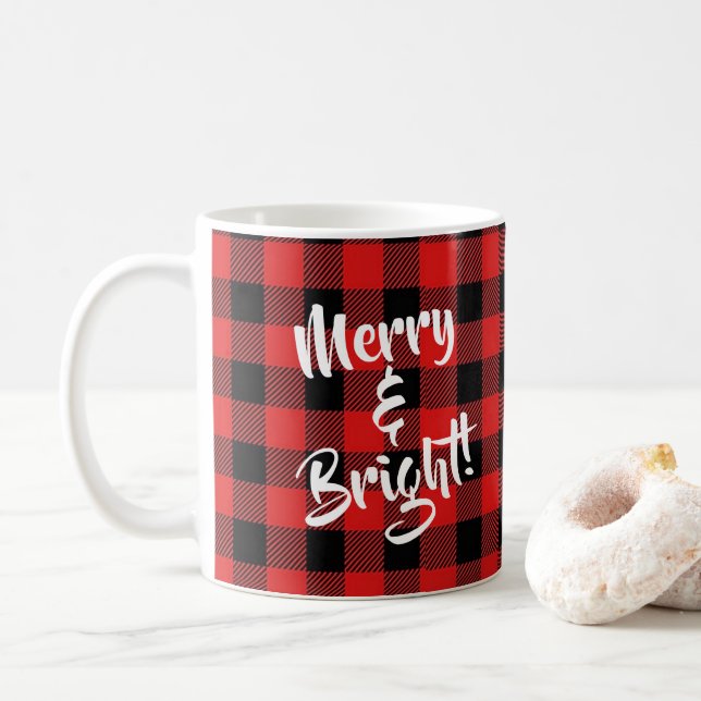 "Merry and Bright" Red & Black Buffalo Plaid Mug (With Donut)
