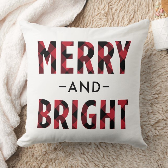 Merry and Bright Red Buffalo Plaid Christmas Cushion (Blanket)