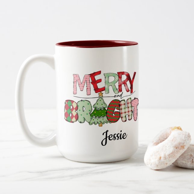Merry and Bright Red Christmas  Two-Tone Coffee Mug (With Donut)