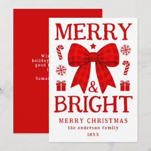Merry and Bright Red Gingham Bow Christmas Holiday Card