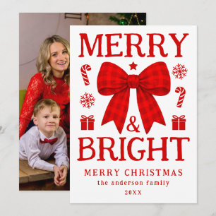 Merry and Bright Red Gingham Bow Christmas Photo Holiday Card