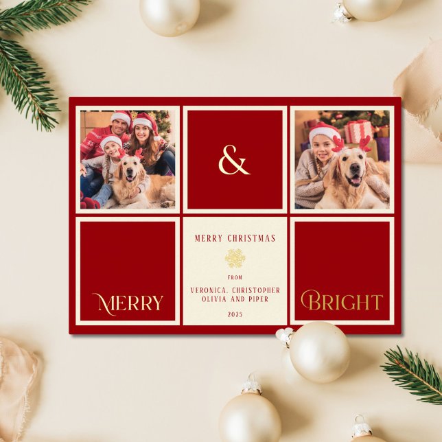 Merry And Bright Red Gold Foil 2 Photo  Foil Holiday Card (Creator Uploaded)