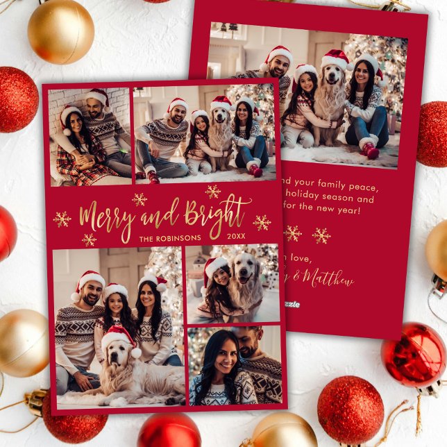 Merry and Bright Red Gold Photo Collage Christmas Holiday Card (Creator Uploaded)