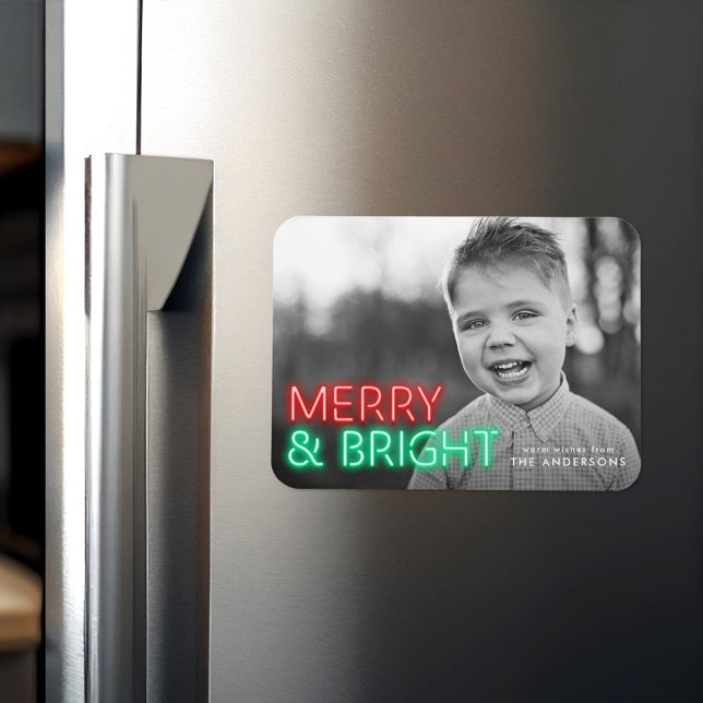 Merry and Bright Red & Green Neon Holiday Photo Magnet (Creator Uploaded)